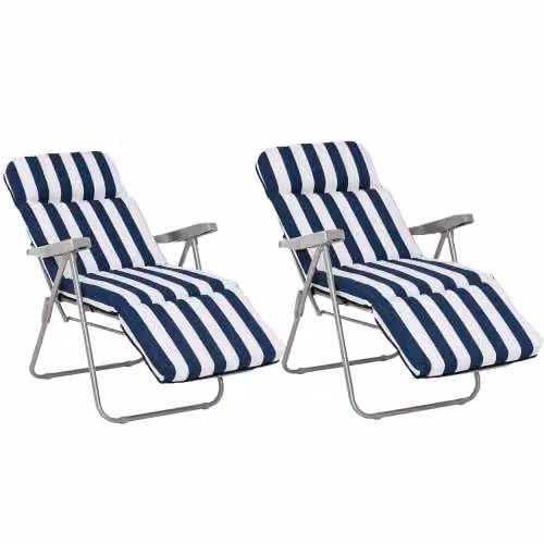 Outsunny Set of 2 Blue Striped Reclining Garden Chairs with Adjustable Headrests and Armrests