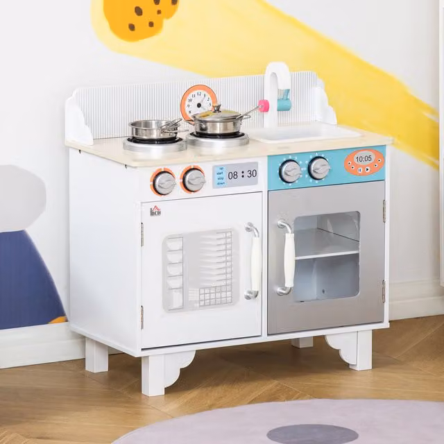 HOMCOM Kids Wooden Kitchen Play Cooking Toy Set in White