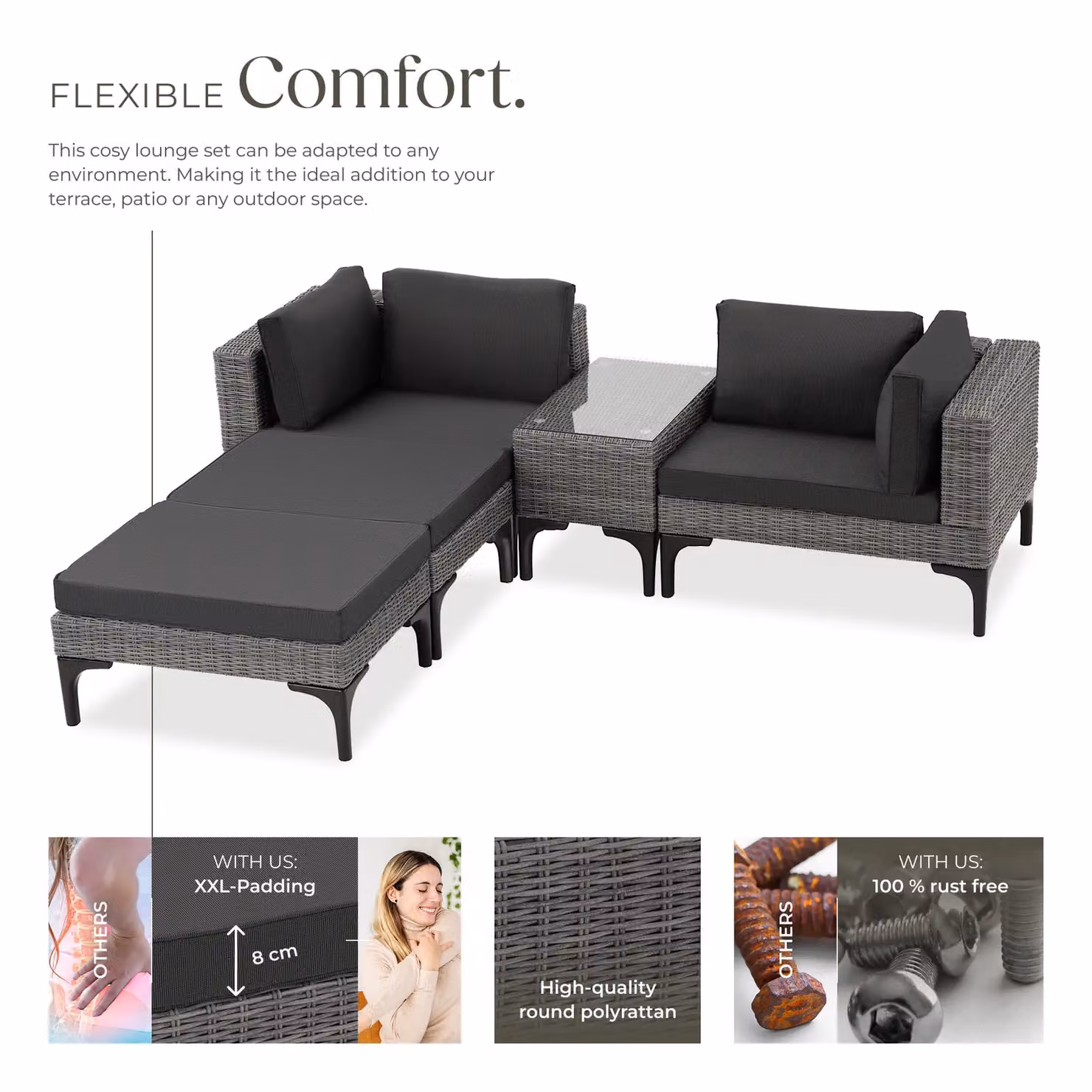 tectake Bellaria Rattan Lounge Set with Powder Coated Aluminium Frame and Ottoman in Grey for 4 People – 3