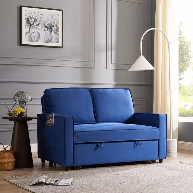 Hugh 2 Seater Pull Out Sofa Bed in Blue Linen Fabric, W/D/H: 113 x 189 cm