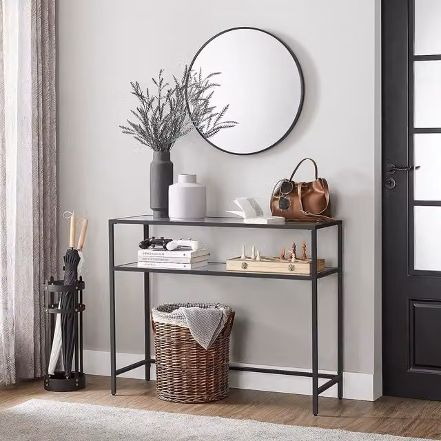 VASAGLE Minimalist Rectangular Console Entrance Table with Glass Top and Metal Frame in Black – 1