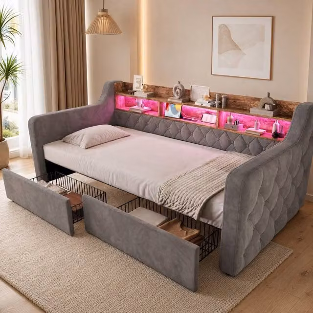 STILVORA Single Upholstered Storage Bed in Grey with LED Lighting, USB Charging Port and Bedside Shelf, W/D/H: 90 x 190 cm