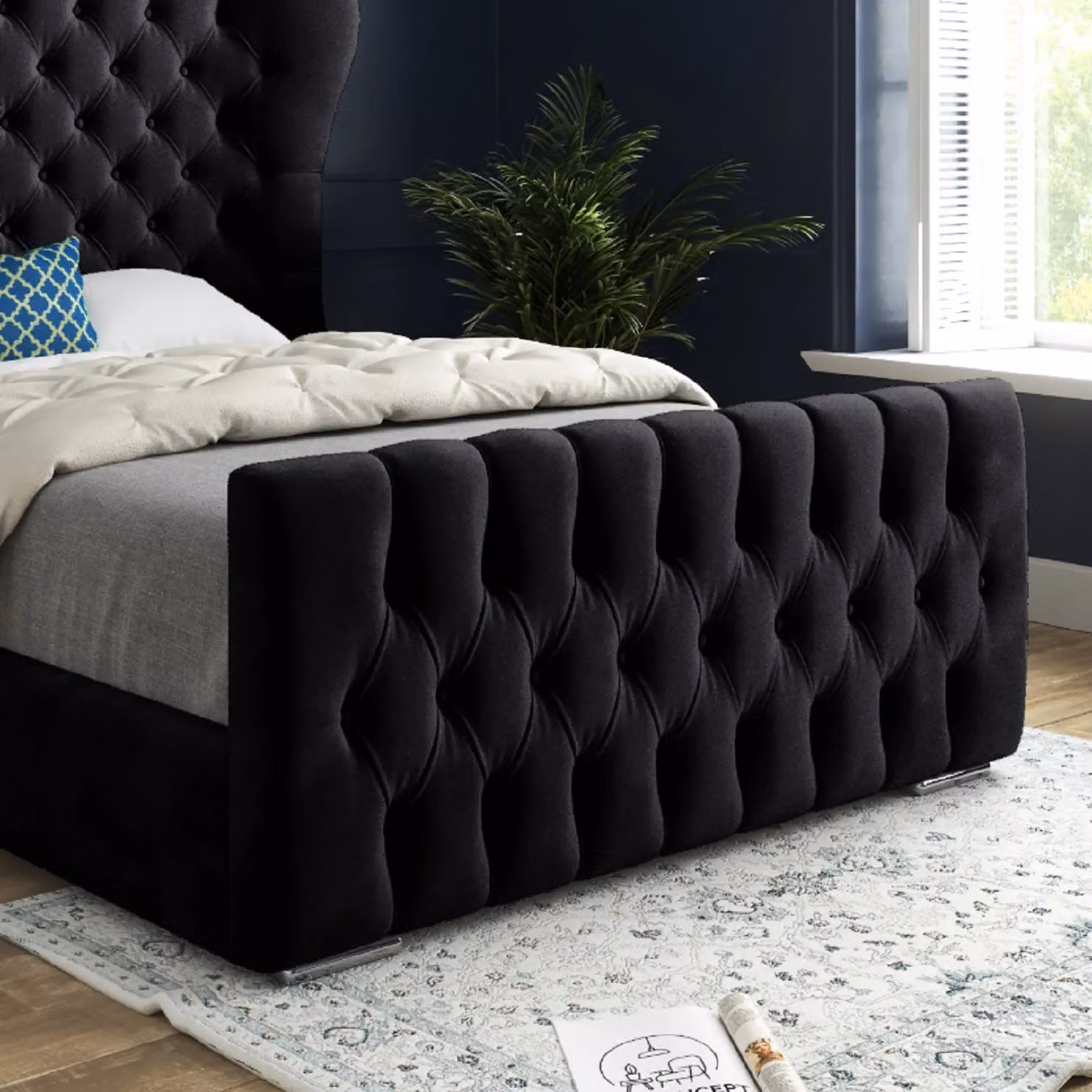 Casani Chesterfield Upholstered Velvet Bed Frame in Black, W/D/H: 200 x 189 x 137 cm – 4