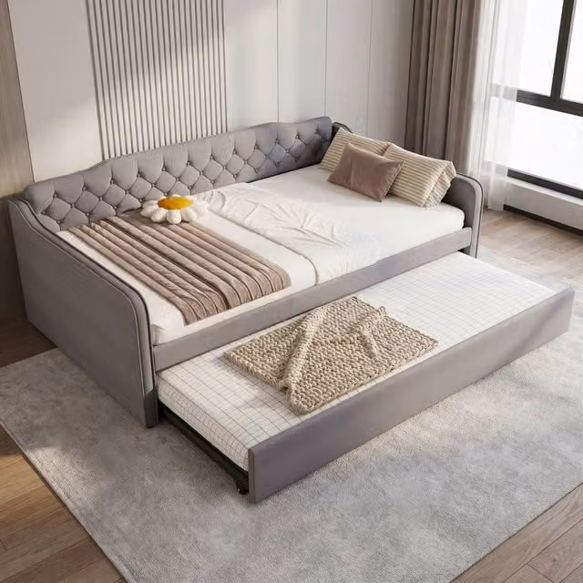 Merax Grey Velvet Upholstered Double Daybed with Pull-Out Trundle Bed, W/D/H: 140 x 200 cm