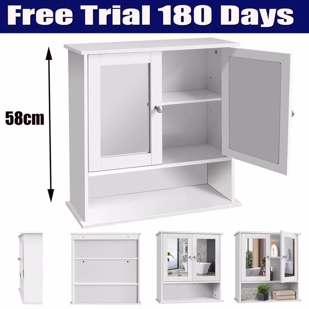 SPETLEK Modern White Double Door Mirrored Bathroom Storage Cabinet with Internal Shelves, W/D/H: 56 x 13 x 58 cm – 2