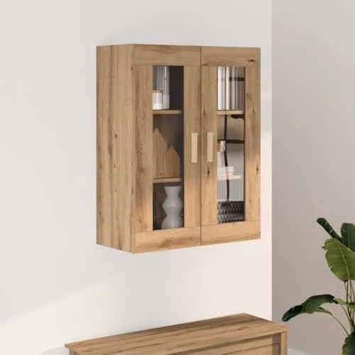 vidaXL Hanging Wall Cabinet with Glass Doors, Artisan Oak Brown, W: 69.5 cm, D: 34 cm, H: 90 cm – 2