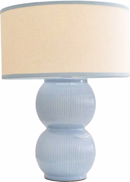 Gemma Stacked Ribbed Ceramic Table Lamp with Blue Fabric Drum Shade