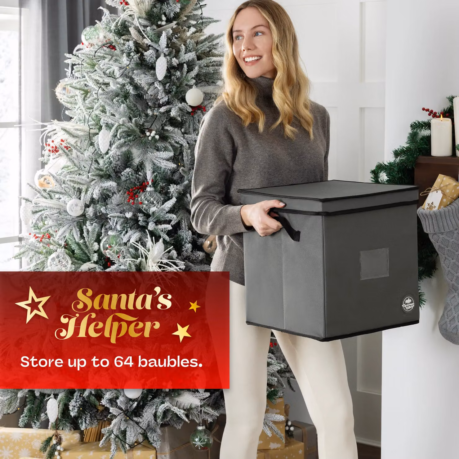 Christmas Village 64 Bauble Storage Bag with Adjustable Dividers and Removable Lid, Red and Grey – 3