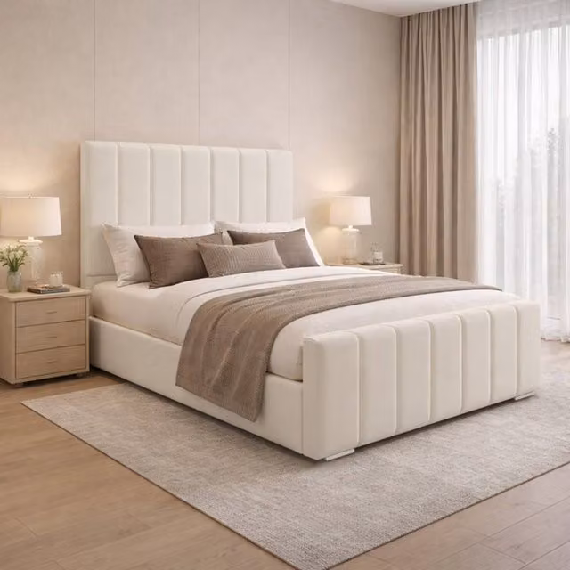 Desire Deco Eleanor Upholstered Plush Velvet Panel Bed Frame in Beige, Super King Size (W/D/H: 200 x 190 x 125 cm) – 1