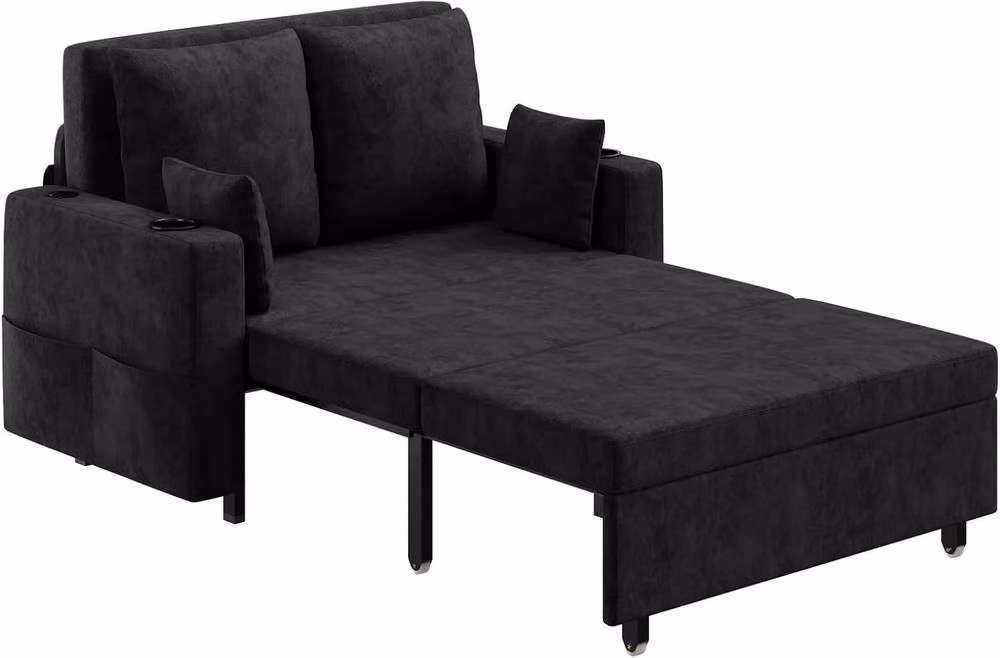 London Boutique 2 Seater Convertible Sofa Bed in Black with USB and Type-C Charging Ports and Cup Holders – 4