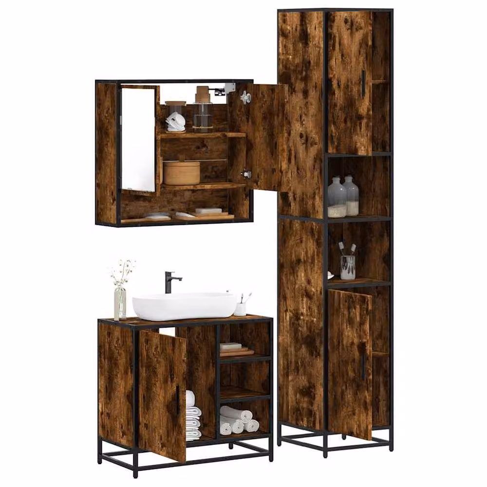 Berkfield Home 3 Piece Industrial Bathroom Furniture Set in Brown Smoked Oak – 2