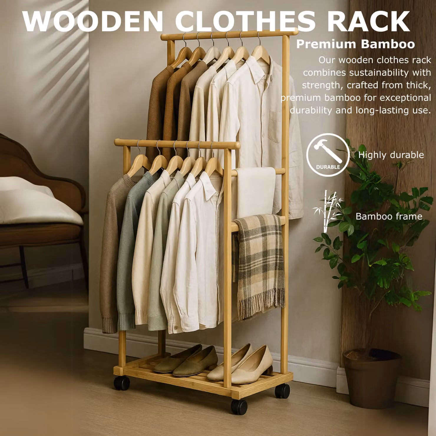 Rafaelo Mobilia Portable Wooden Clothes Rack and Open Wardrobe with Shoe Storage in Brown, H 154.5 x W 105.0 x D 80.0 cm – 4