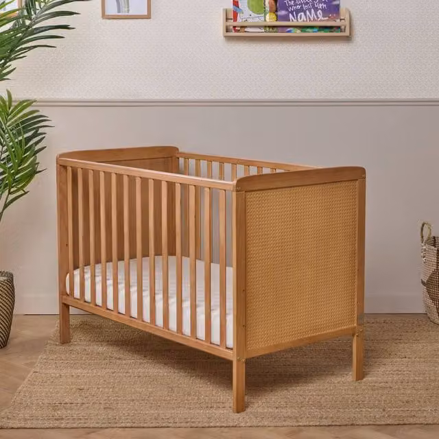Baby Elegance Elle Cot Rattan in Light Brown with Solid Wood and 60 x 120 cm Mattress Space
