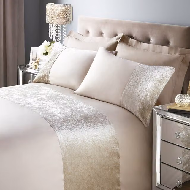 Roseley Crushed Velvet Duvet Cover Set with 2 Pillowcases in Beige