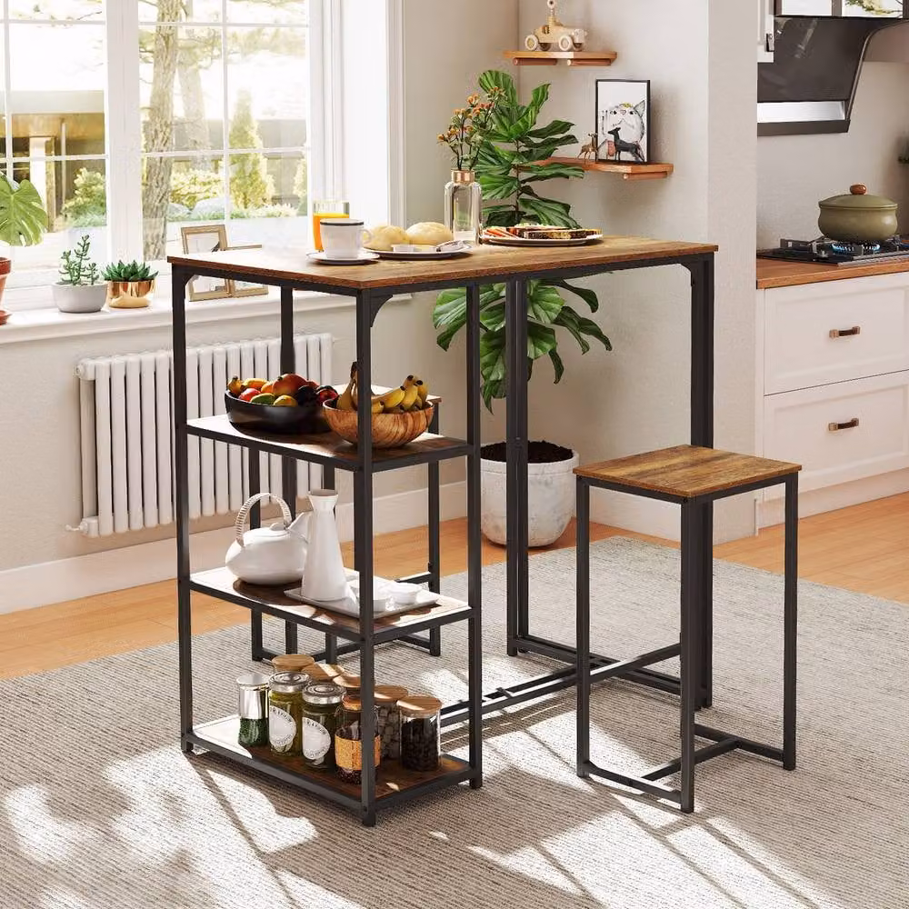 Costway 3-Piece Industrial Bar Table Set with 2 Stools in Brown – 4