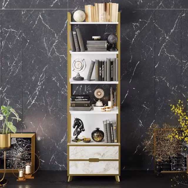 Decorotika Frida Modern Bookcase, White Marble Effect and Gold, Width: 60 cm