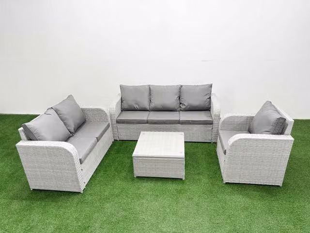 Fimous Patio 6 Seater Outdoor Rattan Furniture Set in Light Grey with 3 Seater Sofa, Loveseat, Reclining Chairs, and Square Coffee Table
