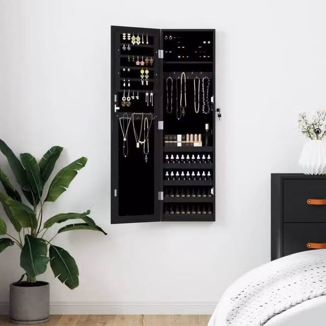 Berkfield Home Wall Mounted Mirror Jewellery Cabinet in Black, W/D/H: 30 x 8.5 x 106 cm – 1