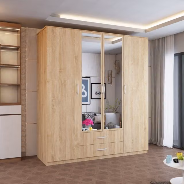 MN Furniture Louise 4 Door Hinged Wardrobe with Mirror and Integrated Drawers in Light Oak, W: 171 cm, H: 198 cm