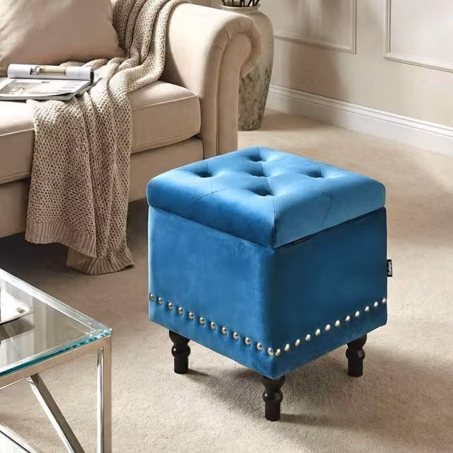 Wyld and Coco Velvet Ottoman in Deep Blue with Tufted Seat and Nailhead Trim – 1