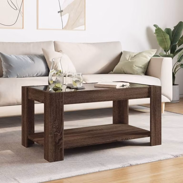 Berkfield Home Modern LED Coffee Table in Brown Oak, W/D/H: 93 x 53 x 45 cm