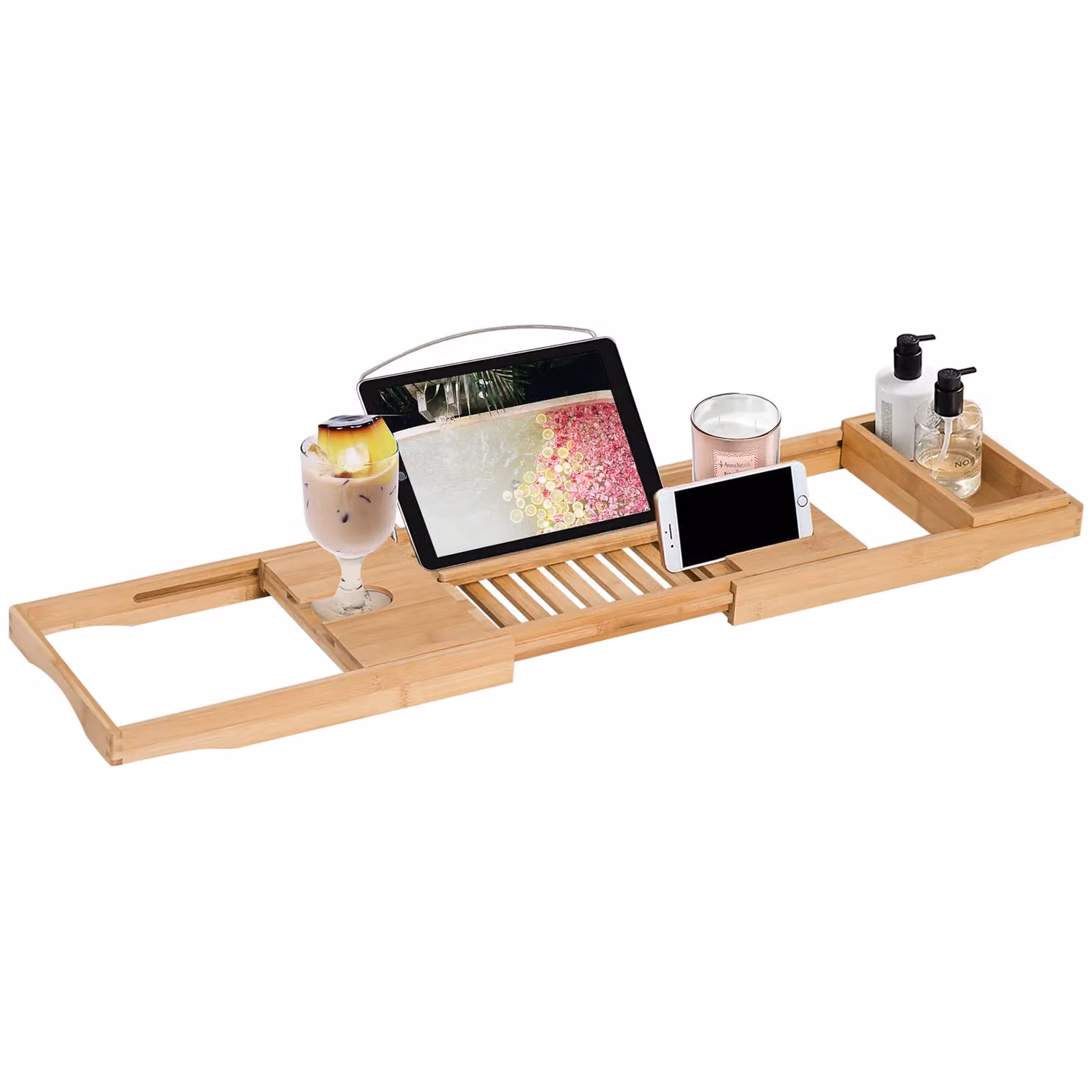 HOMCOM Adjustable Bamboo and Metal Extendable Bathtub Caddy Tray in Brown – 3
