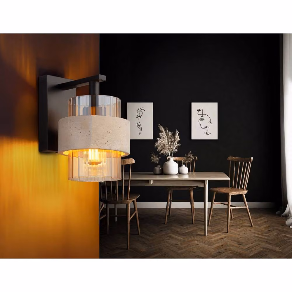 Netlighting Daren Modern Wall Lamp with Amber Glass Shade in Black and Gold/Brass, E27 – 2