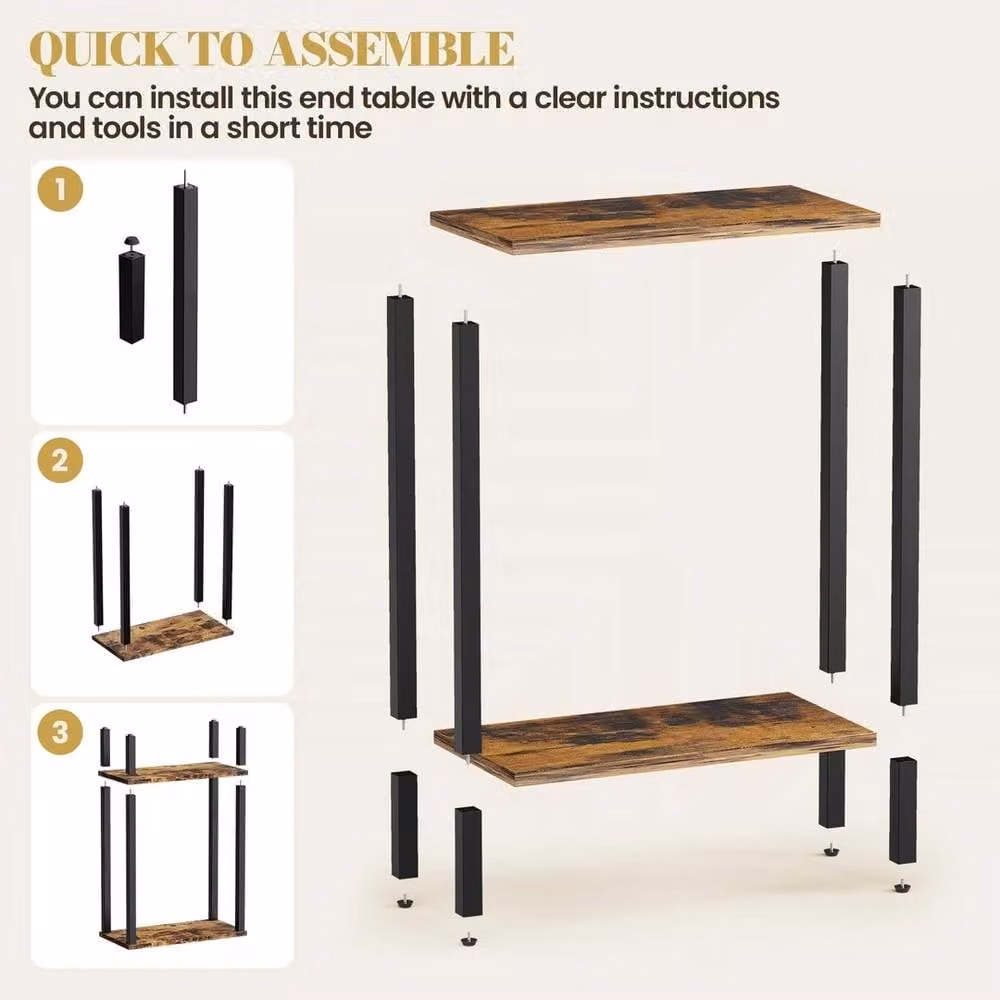 FORGEVIO Small Brown 2-Tier Industrial Side Table with Open Shelving – 5