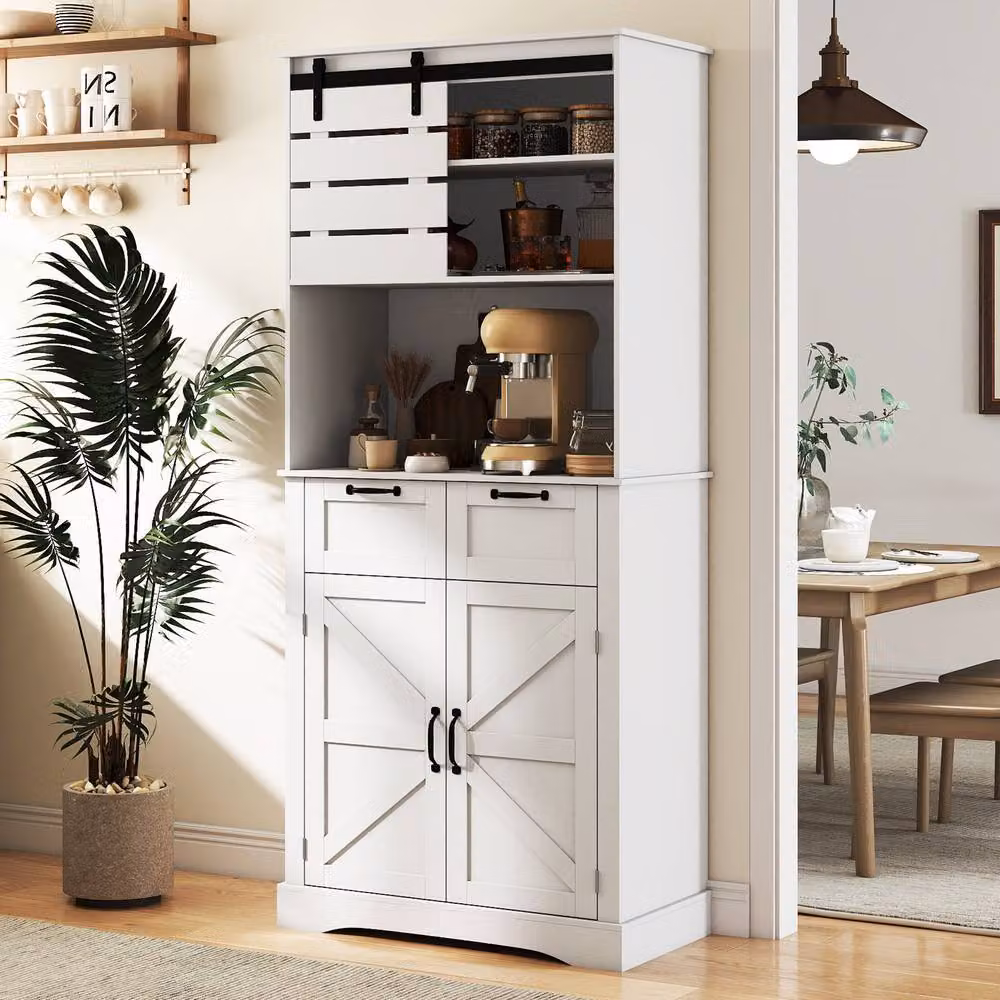 Costway White Tall Kitchen Cupboard Buffet Pantry Sideboard with Power Outlet – 6