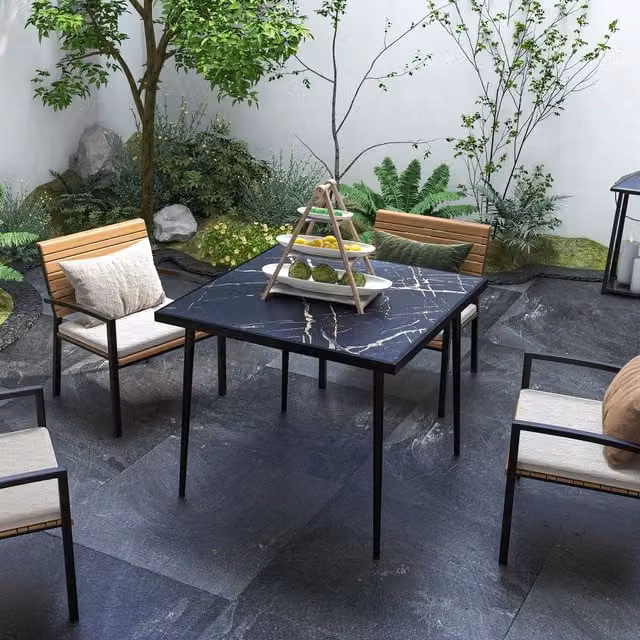 Outsunny Modern Square Outdoor Dining Table for 4 with Black Marble Effect Glass Top