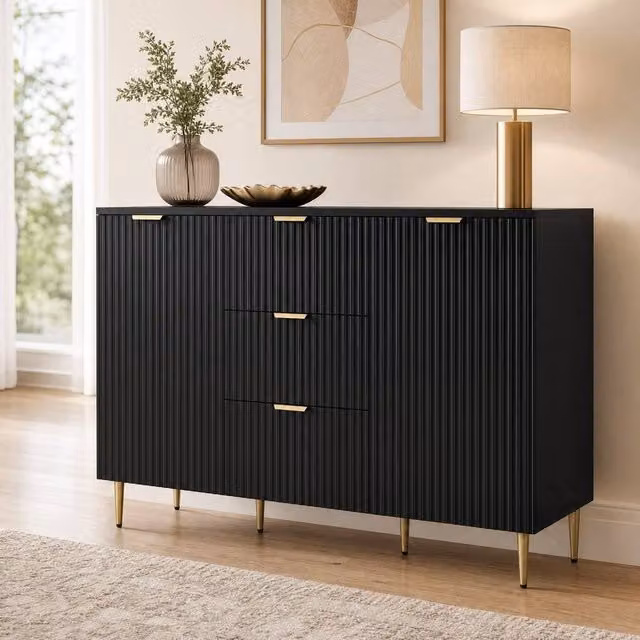 STILVORA Black Classic Sideboard with 3 Drawers and 2 Door Cupboards