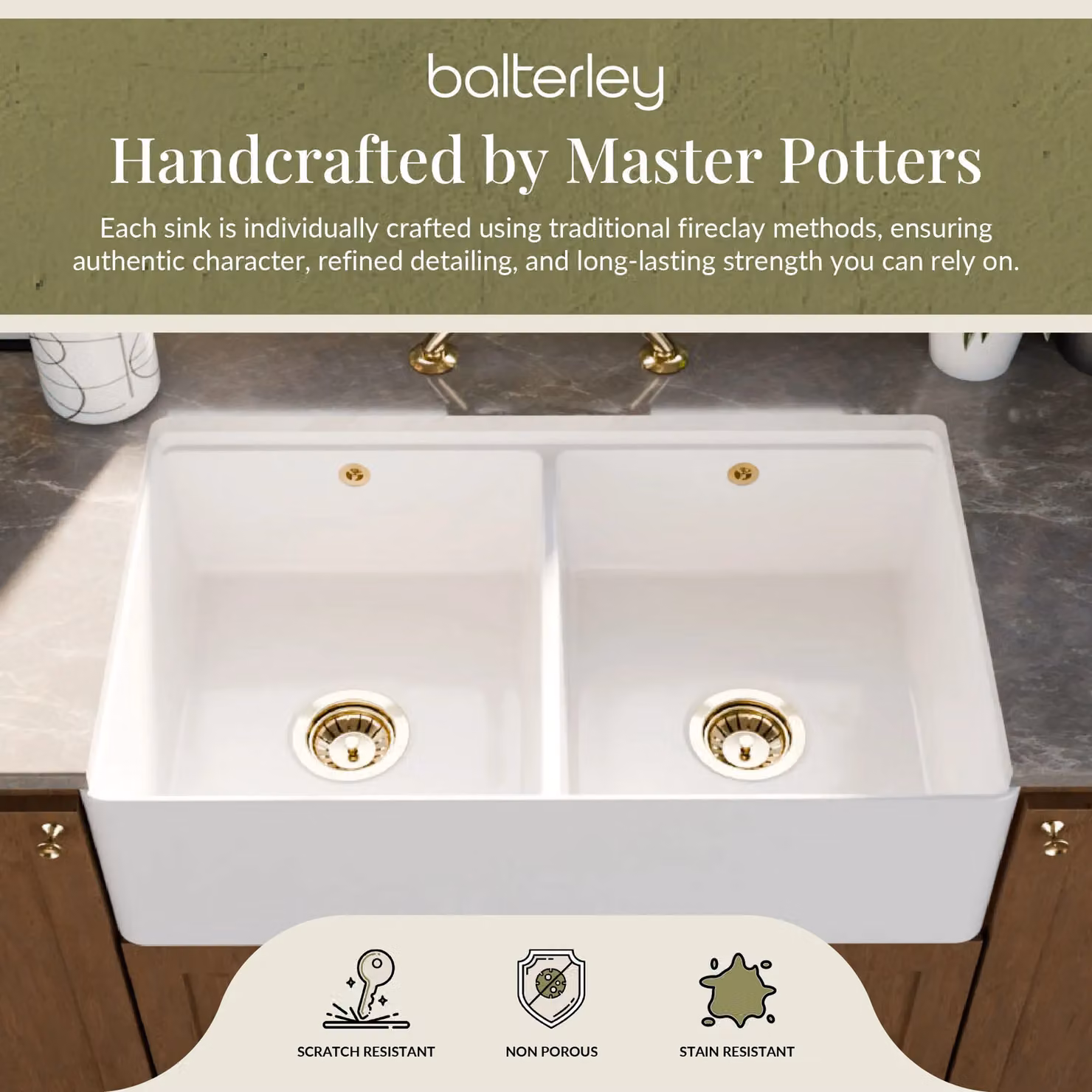 Balterley White Ceramic Fireclay Kitchen Sink with Thin Edge Flush Weir, W: 79.5 cm, D: 46 cm, H: 22 cm – 2