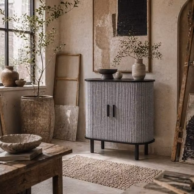 Wyld Haus Rafa Vela Grey Tambour Sideboard with Fluted Sliding Doors and Pine Legs