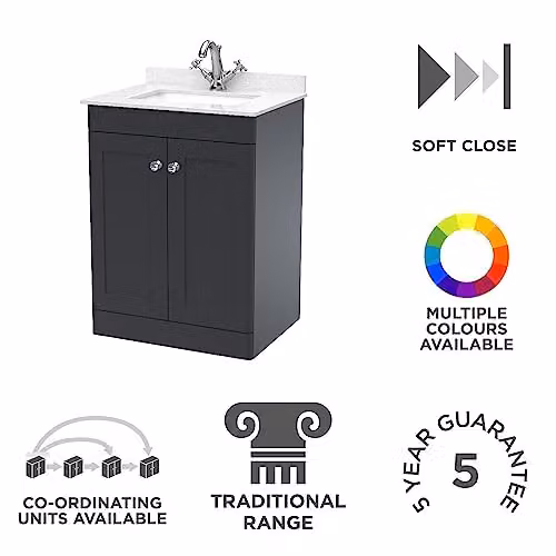 nuie Floor Standing 2 Door Bathroom Vanity Unit with Marble Worktop and Square Basin in Satin Anthracite, White and Soft Black, W/D/H: 62.0 x 47.0 x 87.8 cm – 2
