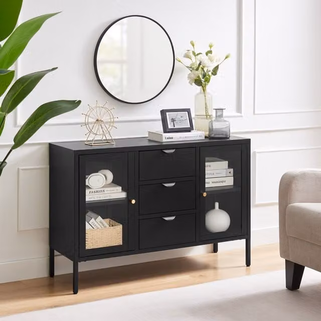 FurnitureboxUK Kafe Modern Industrial Metal and Glass Sideboard in Black and Gold
