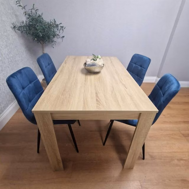 Kosy Koala Modern Oak Effect Wood Dining Set with 4 Blue Velvet Chairs, W/D/H: 120 x 80 x 75 cm – 1
