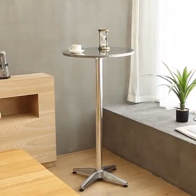 Westwood Modern Foldable Bar Table in Silver with Height-Adjustable Round MDF Top