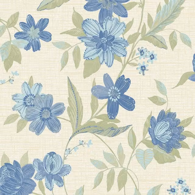 Grandeco Katsu Trail Floral Botanical Vinyl Wallpaper in Blue