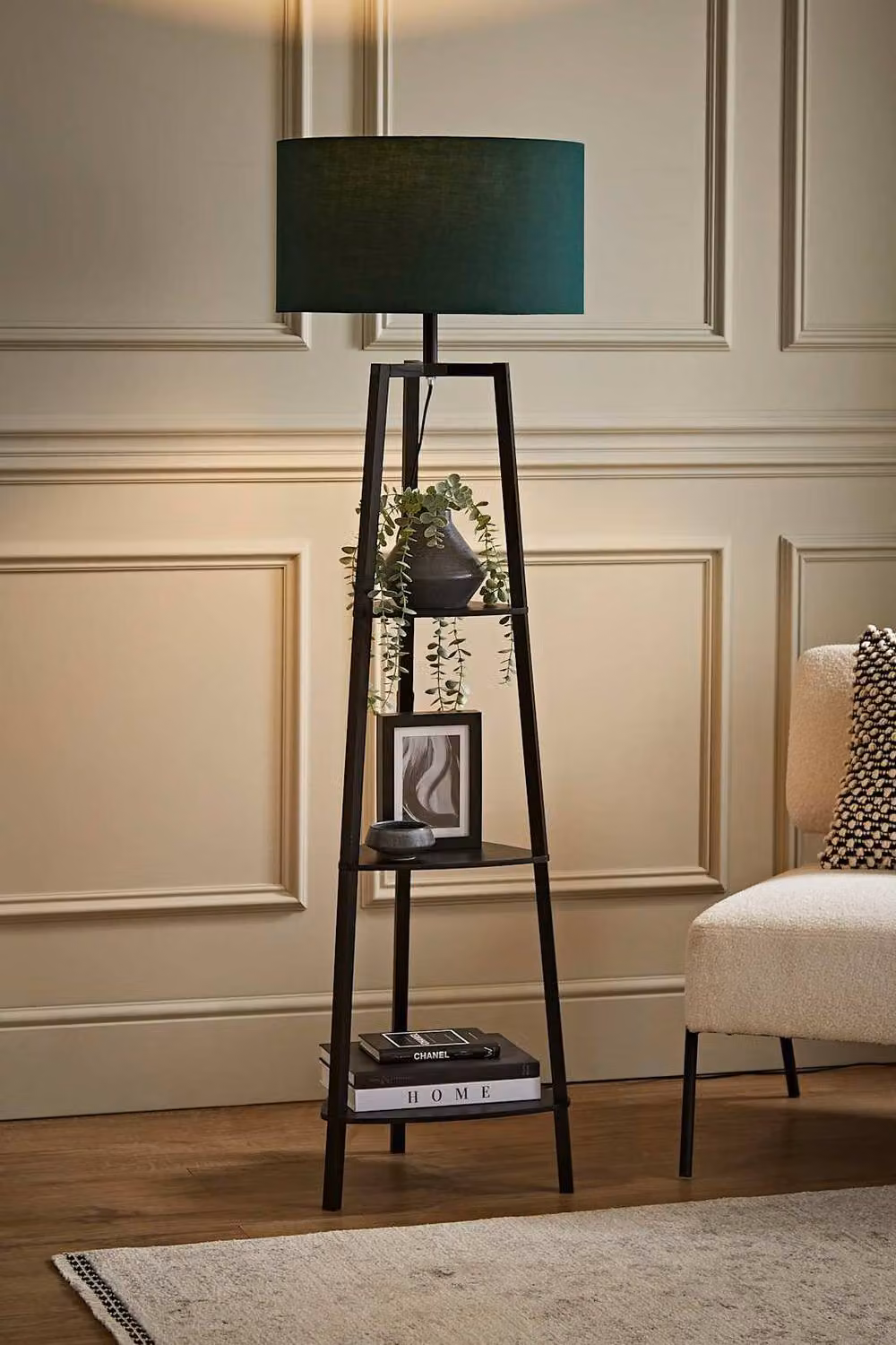 ValueLights Hiru Black 3 Tier Shelf Floor Lamp with Green Fabric Drum Shade and Bulb – 2