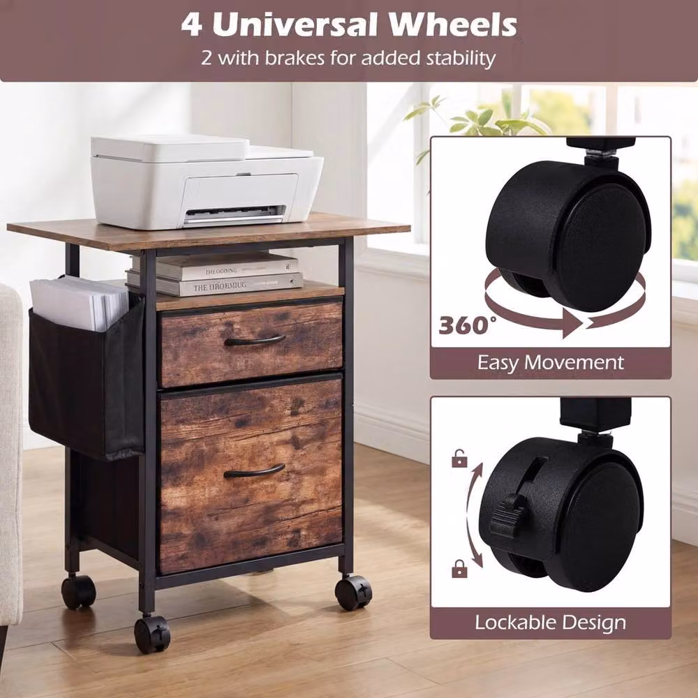 VOGREX 2-Drawer Mobile File Cabinet and Printer Stand in Brown – 4