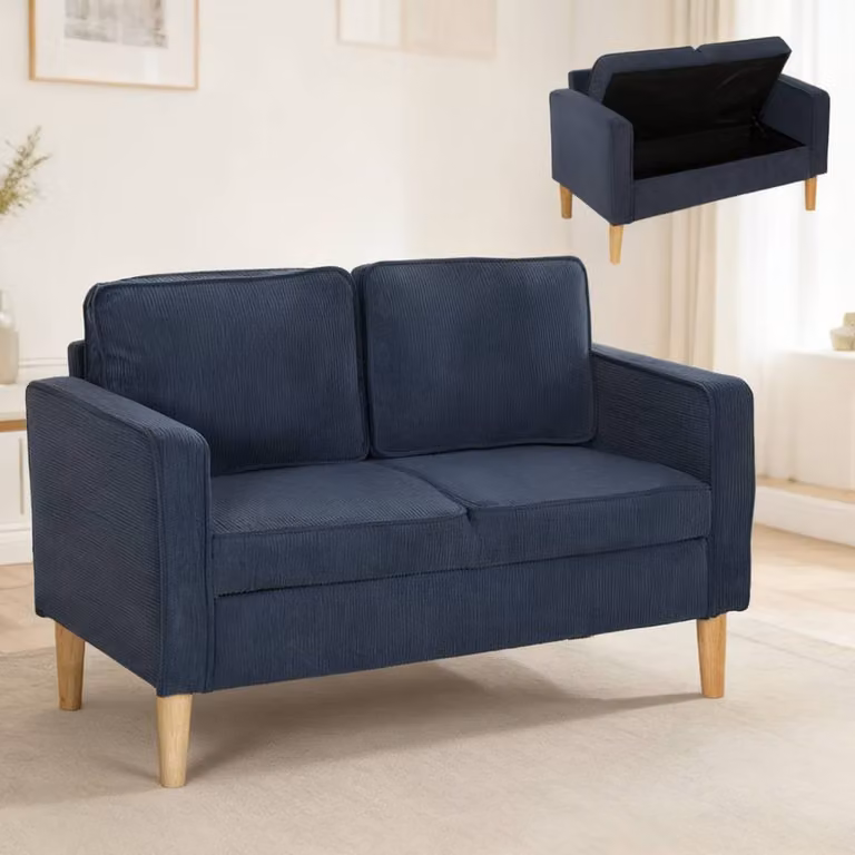 ERGOVEXA Small Two-Seater Corduroy Sofa in Blue with Solid Wood Frame and Lift-Up Seat, W/D/H: 117 x 79 x 63 cm
