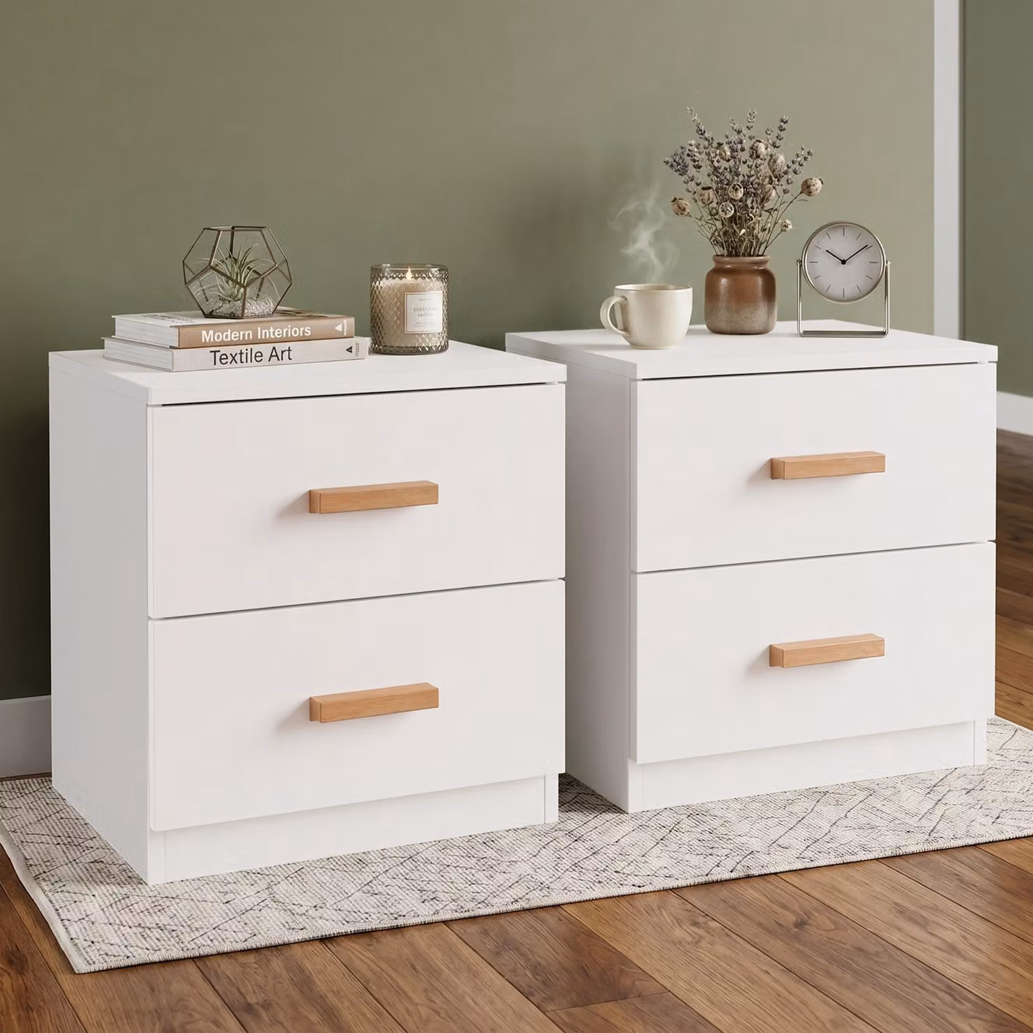 DHS Blythe White Pair of 2 Drawer Bedside Tables with Wooden Handles, W/D/H: 45 x 40 x 36 cm