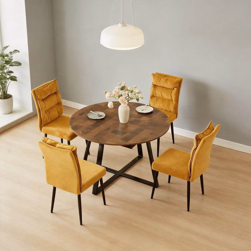 FURNITURE ONE 5-Piece Dining Set with Expandable Round Wood Table and 4 Upholstered Chairs in Brown – 2