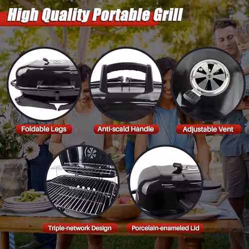 Alivio Portable Charcoal BBQ Grill with Lid, Compact Folding Tabletop Barbecue in Black – 8