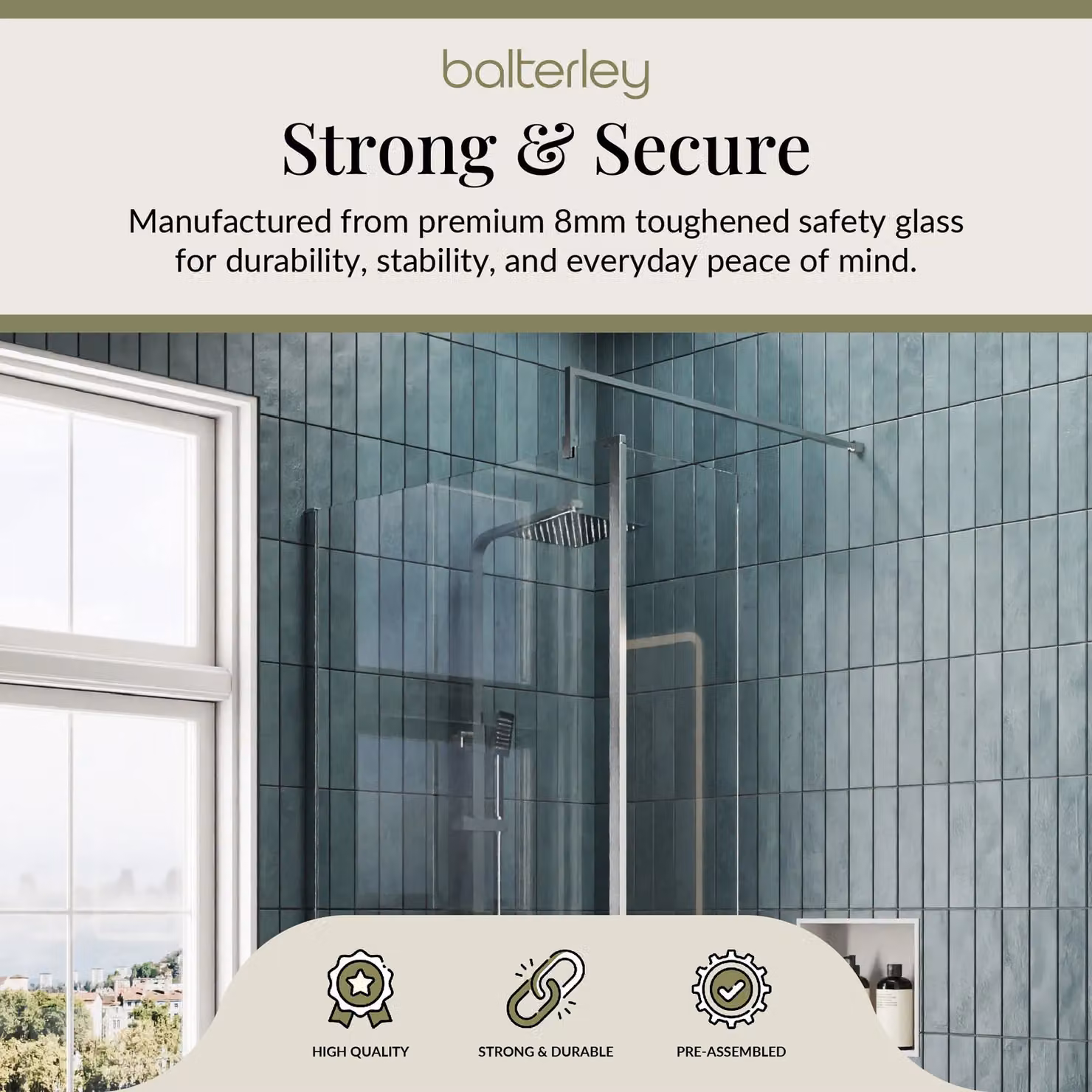 Balterley 8mm Glass Walk-In Wetroom Screen and Return with Tray, Silver and Chrome, W: 140 cm, D: 90 cm – 2