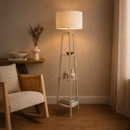 ValueLights Hiru Shelf Tripod Floor Lamp with Beige Boucle Shade and Wood Base, H 155 cm x W 45 cm x D 45 cm – 1