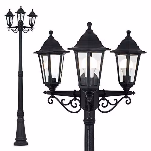 MiniSun Traditional Victorian Style 3 Way Outdoor Garden Lamp Post Light, Black, Height: 195 cm, Includes 15w LED GLS Cool White Bulbs, IP44 Rated, Mains Wired – 3