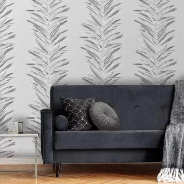 Muriva Dhara Leaf Wallpaper in Silver and Grey with Abstract Metallic Leafy Stripes and Matt Finish