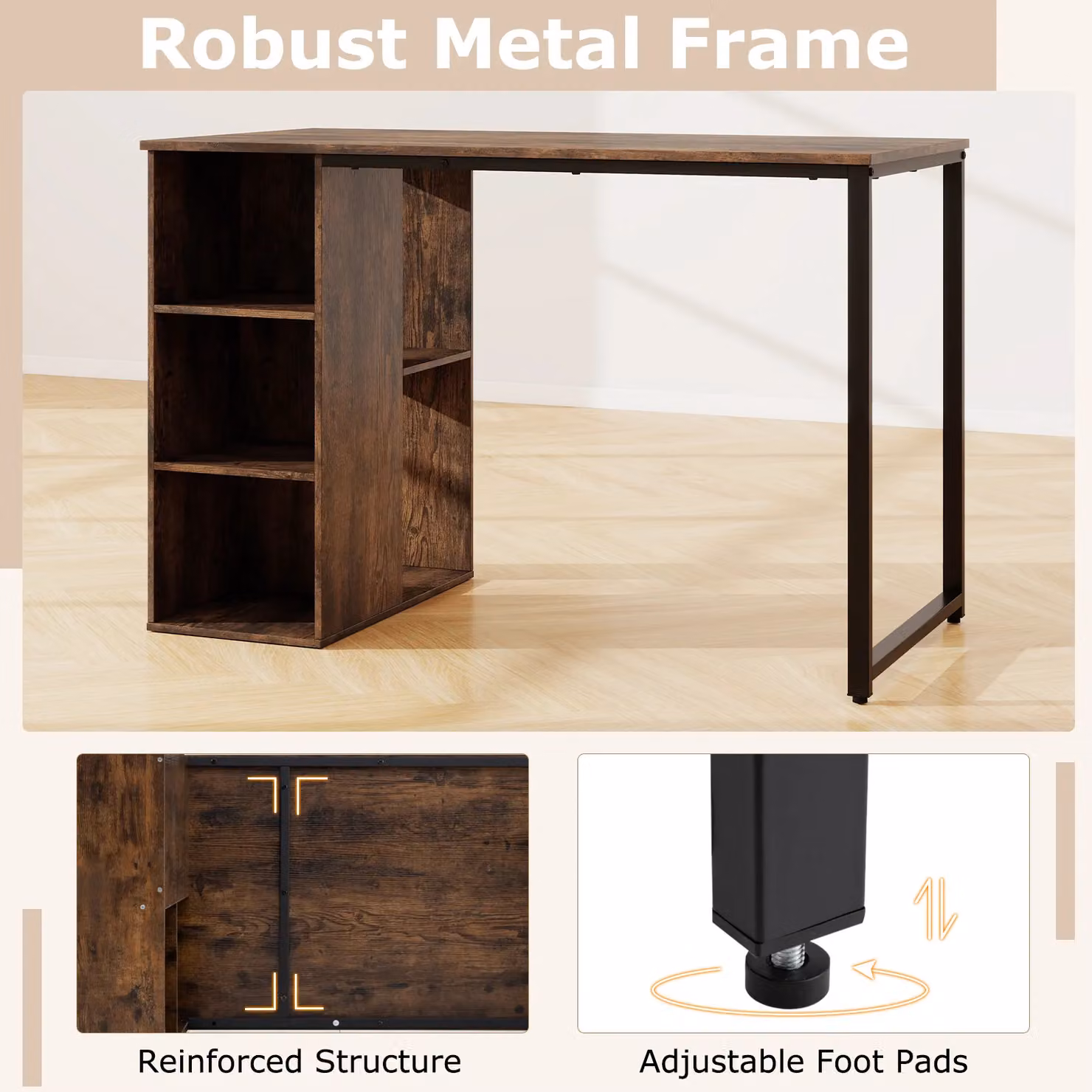 Costway Modern Home Office Computer Desk in Brown, W: 115 cm, D: 59 cm – 5