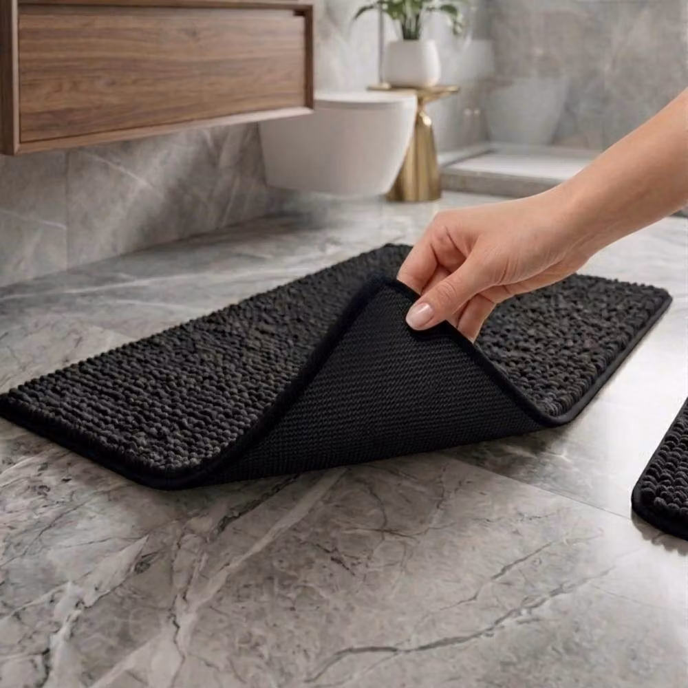 Snug City 2-Piece Chenille Loop Design Bath Mat and WC Pedestal Mat Set, Black, W: 50 cm x L: 80 cm – 4